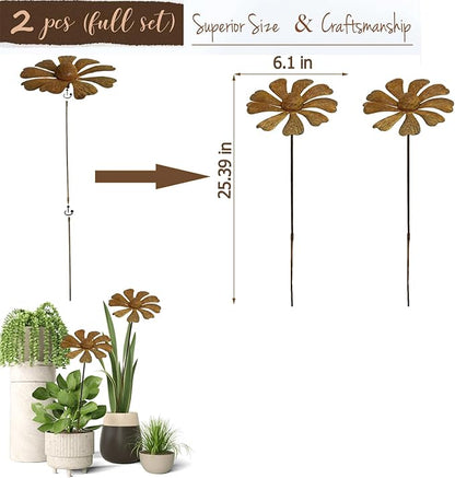 2 PCS Rustic Chamomile Garden Decor for Outside,Metal Flower Bed Decorations，Rusty Flower Art Spring Decor,Garden Stakes Decorative,Chamomile Outdoor Sculptures and Yard Art, Lawn Ornaments