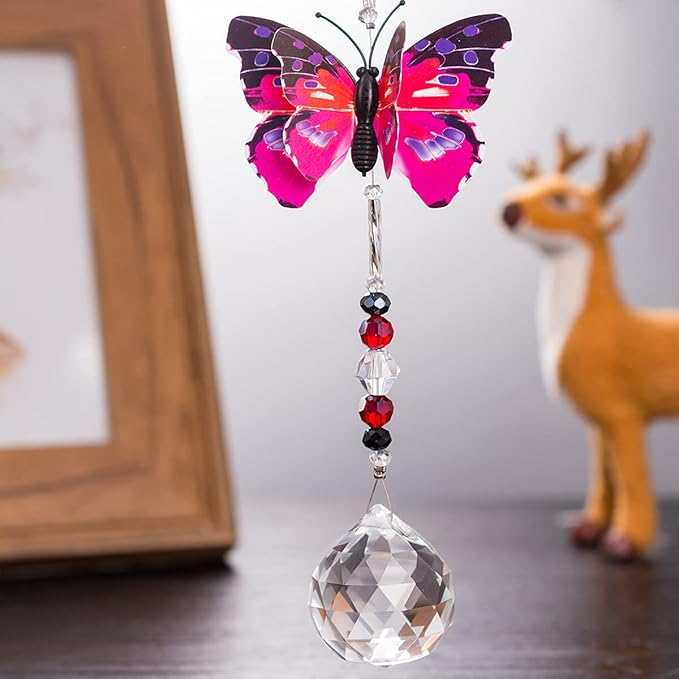 Christmas Crystal Garden Suncatcher Butterfly Hanging Crystals Ornament for Window Rainbow Maker Prisms Home Decor Sun Catcher Gift Idea for Mom Grandma (Pink)