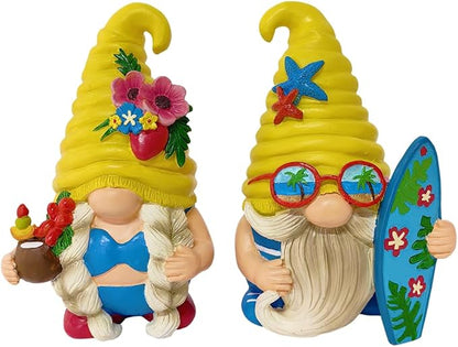 OrnamentallyYou Spring & Summer-Themed Garden Statues – Adorable Outdoor Decor for Lawn, Patio & Porch (Tropical Beach Gnome Duo Figurine Set, Cute 6" Summer Decoration Garden Statue)