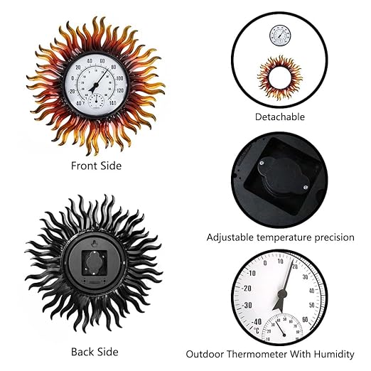 Outdoor Thermometer Waterproof with Humidity, 13.5 Inch Wall Large Number Easy to Read Outdoor Thermometer, Decorative Outside Thermometer, for Patio, Garden (Sun)