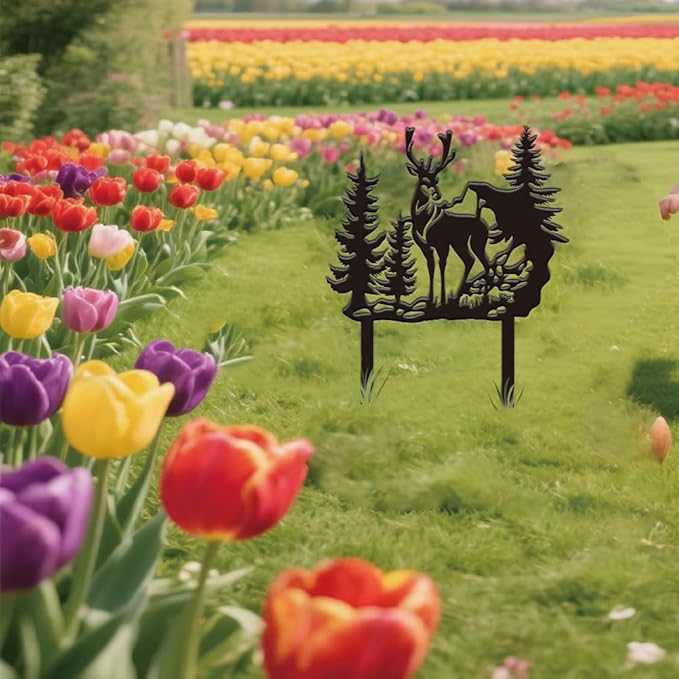 SUPERDANT Forest Deer Garden Decor Animal Metal Outdoor Plaque Ornament Black Silhouette Outdoor Decor Trees Metal Courtyard Lawn Patio Yard Decorative Art Gifts 30x27.5cm