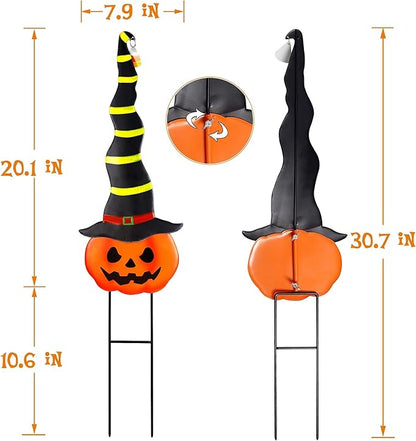 2 Pack Halloween/Thanksgiving Garden Decorations, Metal Jack-O-Lantern Yard Stakes with Witch Hats, Scary Yard Sign Outdoor Lawn Decor, Metal Pumpkin Art Garden Stake,Garden Sculpture Ornament