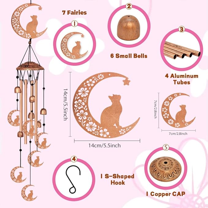 Wind Chimes for Outside, Melodious Melodic Tones Moon Cat Decoration Windchimes Suitable for Outdoor Garden Patio Porch Decor, 33“ Metal Memorial Wind Chimes Friendship Gifts for Women