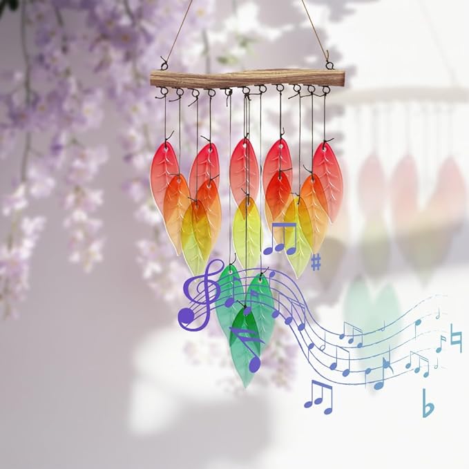 CUTHOLLOW Leaves Glass Wind Chimes, 23" Stained Glass Chimes, Handmade Art Glass Windchimes for Outside, Garden, Patio, Balcony, Home, Yard, Best Gift for Xmas Birthday and Thanksgiving