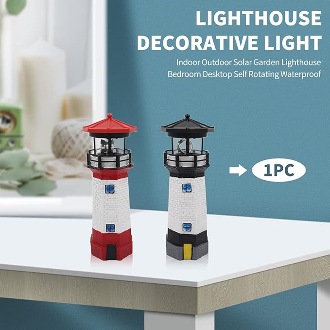 NINEFOX Solar Lighthouse Outdoor Solar Rotating LED Lighthouse Light Waterproof Lighthouse Statue Decorative LED Rotating Lamp for Garden Landscape Outside Yard(Red)