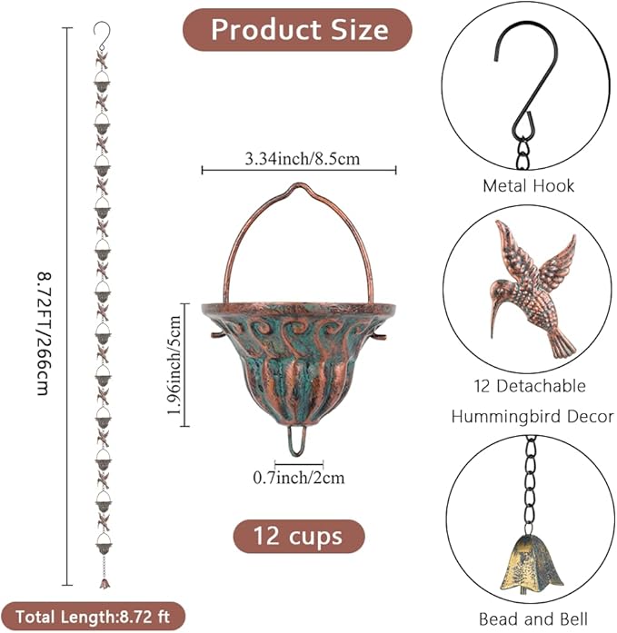Rain Chain for Gutters, 8.7 Ft Rain Chains with 12 Cups & Detachable Hummingbird Decor, Adjustable Rain Catcher Chain with Bell for Eaves Drainage, Replacement for Downspout