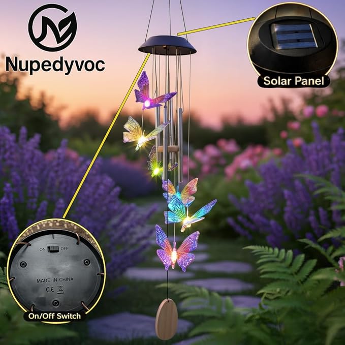 36” Butterfly Aluminum Tube Solar Light LED Wind Chime for Outside, Weather Resistant Decoration Outdoor Garden Patio Soft Tone Decor, Gift for Birthday, Mother's Day, Relaxation