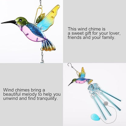 Wind Chimes Hummingbird, Garden Wind Chime for Home, Party, Festival Decor, Glass Garden Patio Yard Porch Decoration Indoor/Outside, Lifelike Hummingbird Deep Tone Style