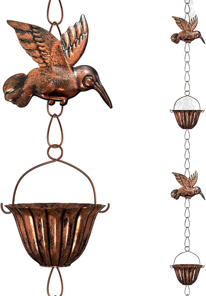 Rain Chains for Gutters, 7.87Ft Hummingbird and Cup Rain Chains for Gutters, Adjustable Rain Chimes for Outside Replacement Downspout for Gutters Eaves Drainage, Copper