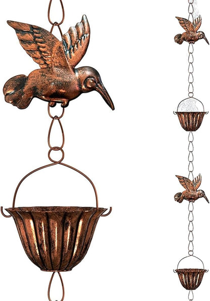 Rain Chains for Gutters, 7.87Ft Hummingbird and Cup Rain Chains for Gutters, Adjustable Rain Chimes for Outside Replacement Downspout for Gutters Eaves Drainage, Copper