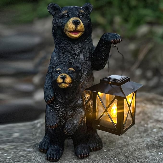 Solar Powered Black Bear Statue Decorative Lights - 10 Inch 1 Pack Black Bear Statue Outdoor Garden Patio Tabletop Decoration, Best Garden Gift for Mom, Lady