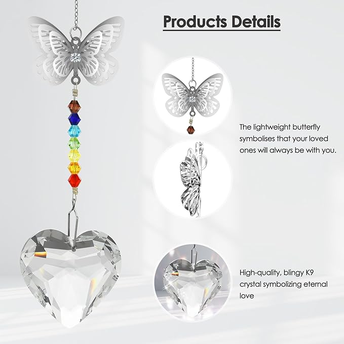 Merrynine Crystal Suncatcher, K9 Crystal Sun Catcher for Window Prism Ball, Unique Pendant Gift, Rainbow Maker with Butterfly Chain for Easy Hanging Indoor Outdoor Decoration (Butterfly Heart)