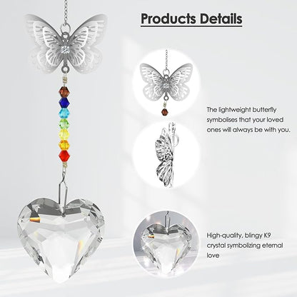 Merrynine Crystal Suncatcher, K9 Crystal Sun Catcher for Window Prism Ball, Unique Pendant Gift, Rainbow Maker with Butterfly Chain for Easy Hanging Indoor Outdoor Decoration (Butterfly Heart)