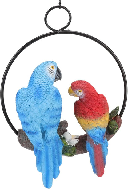 Parrots Hanging Statue,Garden Iron ringsParrots Pendant, Bird Model Crafts Courtyard Balcony Decorations,Small Red Blue Macaw for Patio Garden Lawn Window Tree
