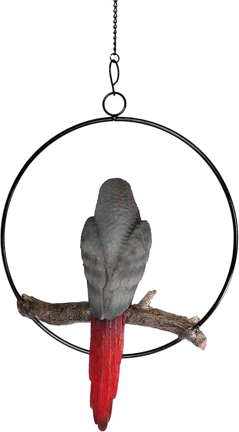 Ebros Patio Home Garden Hanging Macaw Parrot Perching on Branch in Metal Round Ring Figurine Sculpture Nature Lovers Tropical Bird Collectors Decor 13.5" H (Grey Macaw)