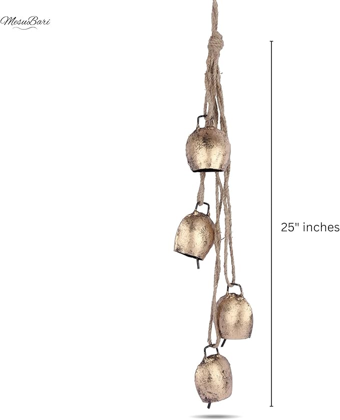 Decorative Cow Bell, 25" Hanging Bells Chime, Rustic Antique Brass Finish Metal Bells with Jute Rope, Tibetan Inspired Farmhouse Vintage Cascading Bell's for Indoor, Outdoor Patio, Garden & Wall Decor