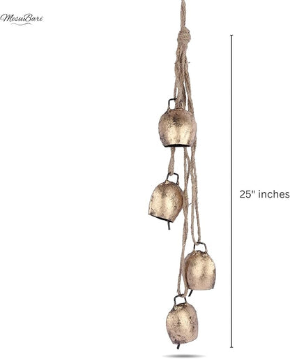 Decorative Cow Bell, 25" Hanging Bells Chime, Rustic Antique Brass Finish Metal Bells with Jute Rope, Tibetan Inspired Farmhouse Vintage Cascading Bell's for Indoor, Outdoor Patio, Garden & Wall Decor