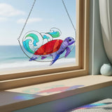 Sea Turtle Stained Glass Window Hanging, Ocean Sea Life Sun Catchers Indoor Panel, Nautical Suncatcher Decor for Home, Wall, Garden, Coastal Ornament Gift for Women, Beach Lovers