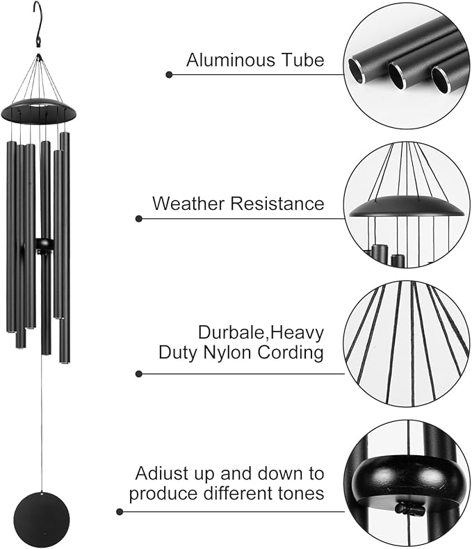 Wind Chimes for Outside, 32-Inch Simple Metal Wind Chimes Deep Tone, with 6 Thick Aluminum Tubes 0.05 in Wall Thickess – Ideal Gift for Mom or Grandma, Perfect for Backyard Decoration (Black)