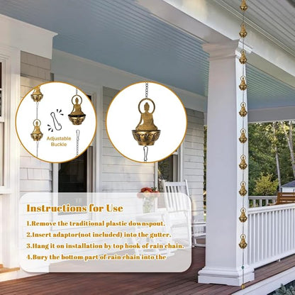 10.5ft Rain Chain for Outside, Rain Chain with 10 Buddha Cups, Adjustable Rain Catcher Chain for Outside, Replacement Downspout for Gutters, Eaves, Drainage