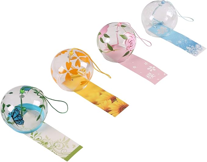 Falytemow Japanese Wind Chimes Romantic Flowers Small Wind Bells Handmade Glass Japanese Style Pendant for Birthday Present Home Decors (Pink Rose, Four Leaf Flower, Butterfly, Snowflake, 8 cm)