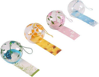 Falytemow Japanese Wind Chimes Romantic Flowers Small Wind Bells Handmade Glass Japanese Style Pendant for Birthday Present Home Decors (Pink Rose, Four Leaf Flower, Butterfly, Snowflake, 8 cm)