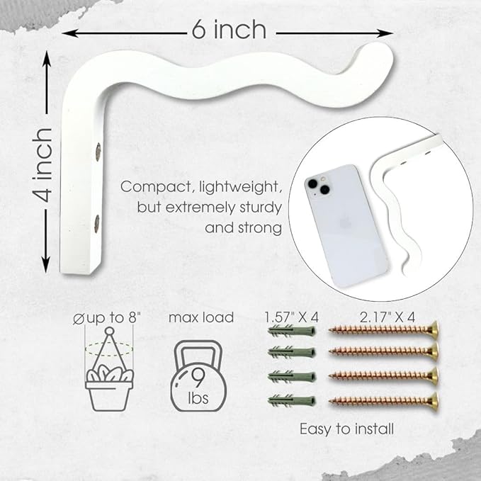 EvenWood 2-Piece Set of Wavy Wooden Wall Planters for Indoor Plants 6 Inch - Natural Plant Hook for Wall Plant, Wind Chimes, Flower Brackets, Patio Garden Decorations - Bracket Plant Hanger (White)