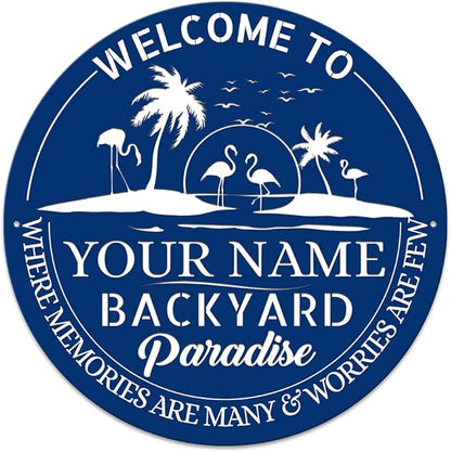MeMate Personalized Backyard Signs, Patio Sign for Outdoor Decor, Customized Name Metal Sign, Flamingo Backyard Paradise Sign, Round Printed Metal Sign for Restaurants Farmhouse Porch Deck