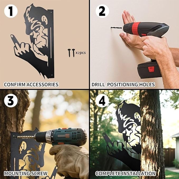 Flipping Off Bigfoot Peeking Animal Metal Sign Funny Middle Finger Yard Art Decor for Tree, Fence, or Corner Outdoor Farmhouse Garden Ornament for Home or Cabin Decoration (#L, 15IN)