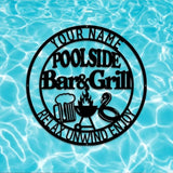 MeMate Poolside Bar & Grill Sign, Outdoor Pool Decor, Large Metal BBQ Sign, Personalized for Backyard Patio Porch Deck, Custom Name Housewarming Gifts for Family Friends