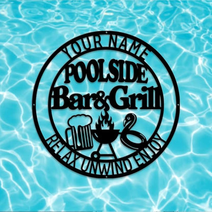 MeMate Poolside Bar & Grill Sign, Outdoor Pool Decor, Large Metal BBQ Sign, Personalized for Backyard Patio Porch Deck, Custom Name Housewarming Gifts for Family Friends