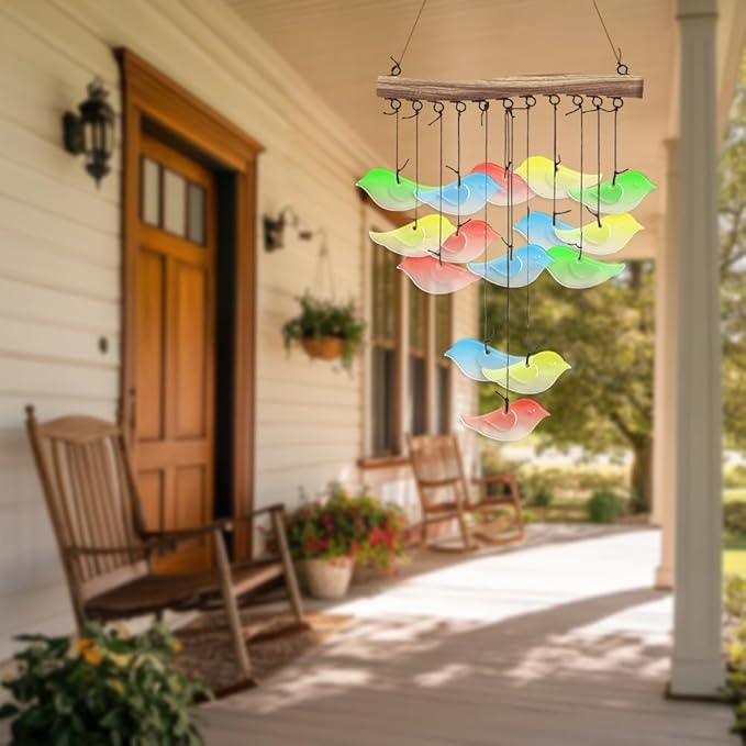CUTHOLLOW Bird Glass Wind Chimes, 23" Stained Glass Chimes, Handmade Art Glass Windchimes for Outside, Garden, Patio, Balcony, Home, Yard, Best Gift for Xmas Birthday, Spring, Summer