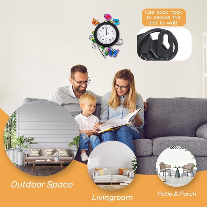 Outdoor Clock with Butterfly and Flowers, Butterflies Outdoor Wall Clock Waterproof, Silent No-Ticking Outdoor Clocks for Patio, Living Room, Kitchen, Garden