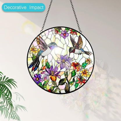 Hummingbird Sun Catcher Stained Glass Window Hanging - Wildflower and Bird Suncatchers for Windows Stained Glass Suncatcher - Sun Catchers Indoor Wall Art Home Decor Gift for Mom Grandma Bird Lovers