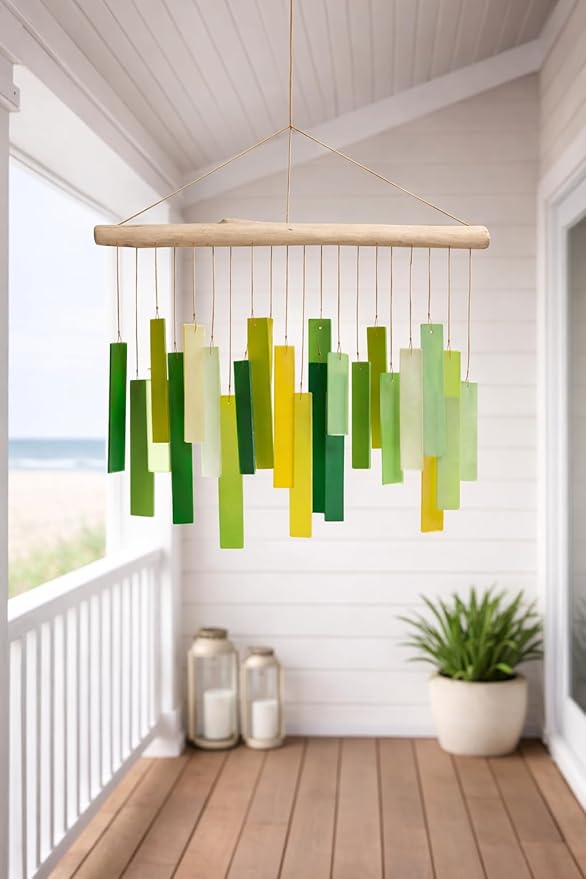 Glass Wind Chime, Large 20″ – Green Harmony Recycled Glass & Driftwood Hanging Chime for Porch, Patio & Home