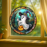 Stained Glass Window Hanging Halloween Ghost with Pumpkin 9.8in Sun Catchers Panel for Indoor Decorative Display for Mom Wife Lovers Festive