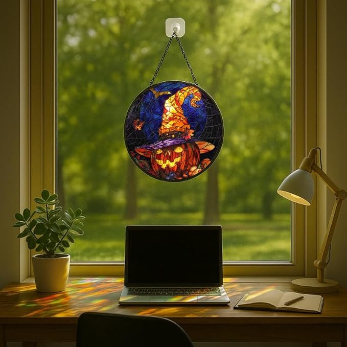 Stained Glass Window Hanging - 6.3in Halloween Pumpkin with Witch Hat and Autumn Leaves Sun Catchers Panel for Indoor Decorative Display for Mom, Wife, Lovers, Festive