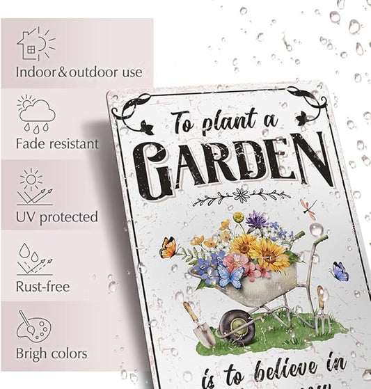 Vintage Tin Sign - 'Plant A Garden' for Home, Greenhouse - 12"x8"