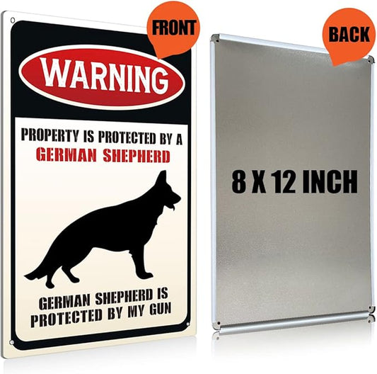 Funny Dog Warning Metal Tin Signs Wall Art Decor Property is Protected By a German Shepherd Sign for Home Decor Gifts to Indoor and Outdoor Use - 8x12 Inch