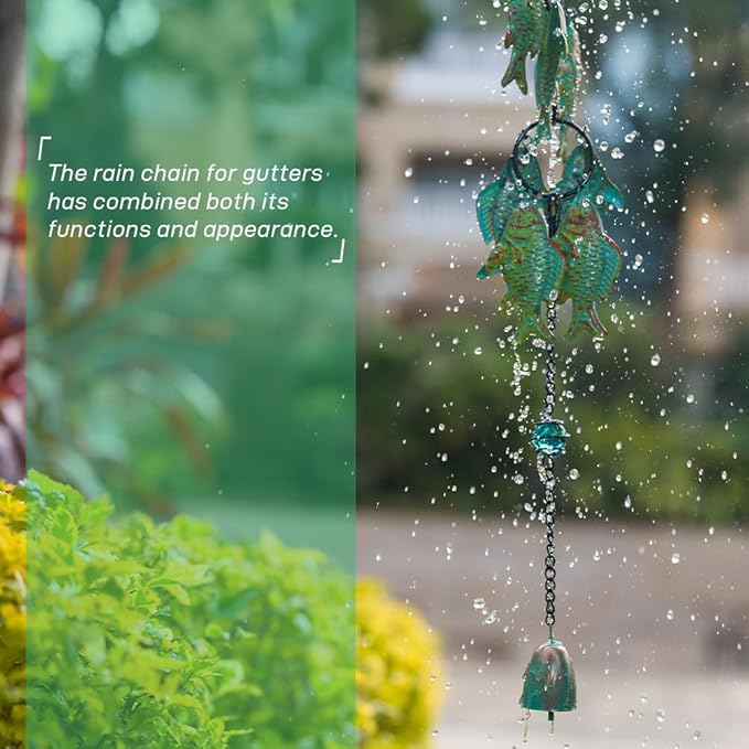 7.4ft Rain Chains for Gutters, Fish-Shaped Rain Chain with 12-Piece, Adjustable Rain Catcher Chain with Bell, Replacement Downspout for Gutters, Eaves, and Drainage