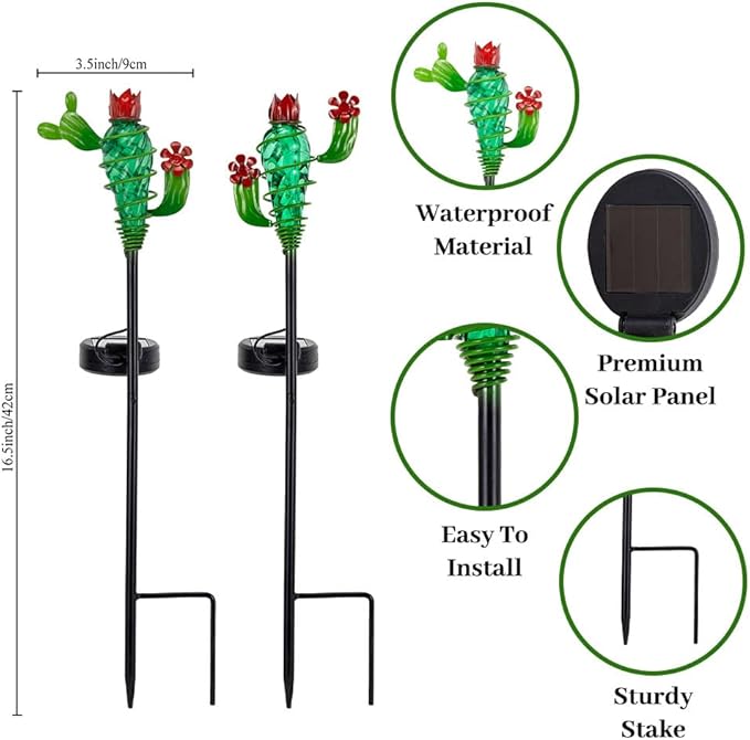Viveta 2Pack Garden Solar Lights - Cactus Solar Figurine Lights Stake, Waterproof Outdoor Decor for Pathway, Patio，Lawn