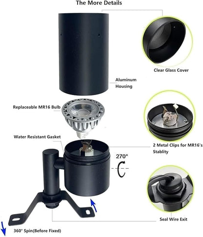 Landscape Lighting Tree Down Lights Outdoor Moonlight,Replaceable Low Voltage MR16 LED Aluminum Housing for Directional Wall Patio Mounted Post Fence Lights Warm White Black Finish