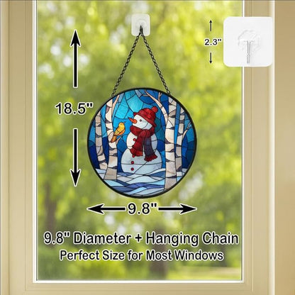Stained Glass Window Hanging - Christmas Snowman & Bird on Birch Tree Branch Sun Catchers Panel for Indoor Decorative Display for Mom, Wife, Lovers, Festive