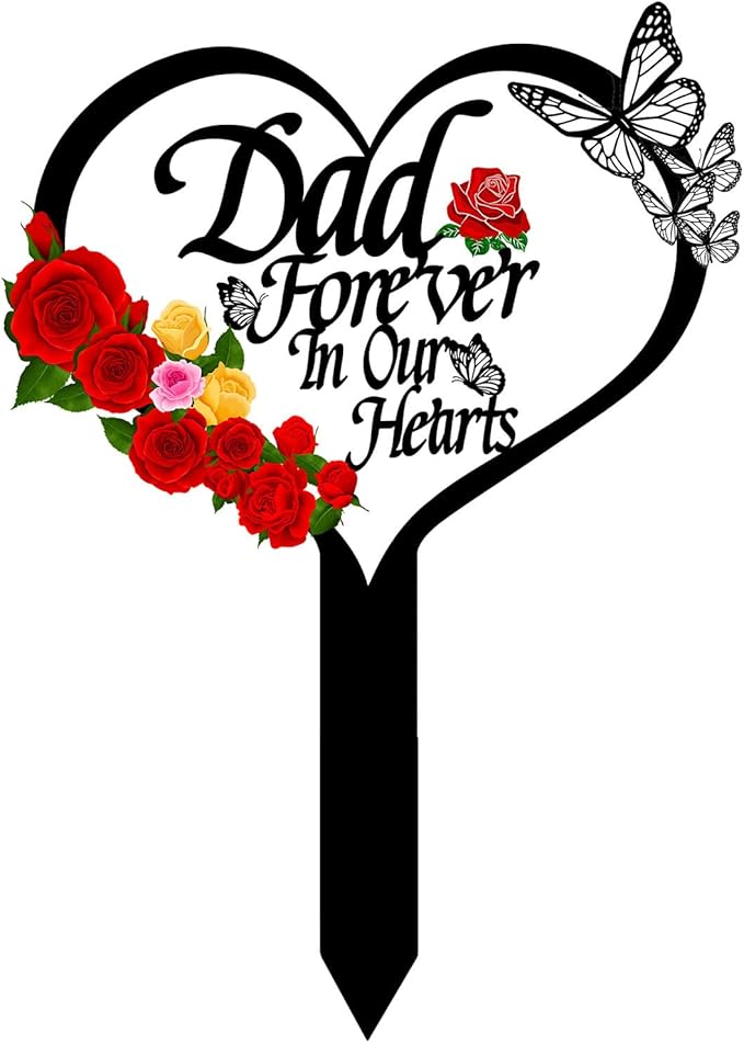 OZIO Memorial Plaque, Dad-b Color, Modern Style, Stainless Steel Metal, Heart Themed Memorial Grave Markers, 0.3x8x14 inches, Outdoor Floor Mount, Wide Cemetery & Garden Use