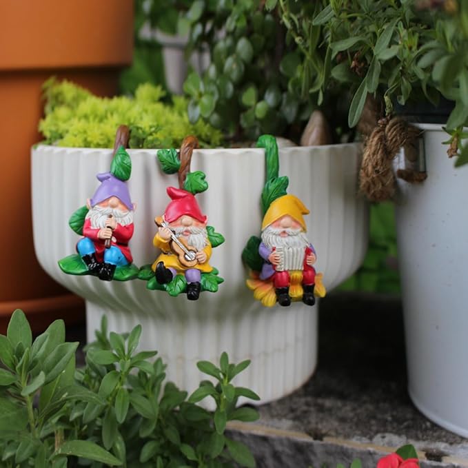 Set of 3 Cute Climbing Gnome Figurines Flower Pot Hugger, Resin Hanging Gnomes Statue Outdoor Decor Fence Ornaments for Patio Lawn Garden Yard (Music Gnome)