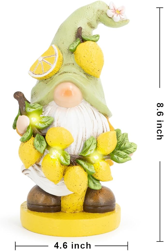 basen Solar Powered Garden Gnome Decor with Lemon Theme, Waterproof Outdoor Lawn Ornaments with Auto On/Off Light, Resin Figurine for Patio, Yard, Pathway, Porch Landscape Lighting Decorations