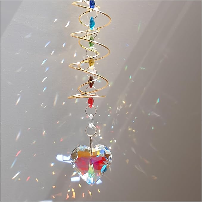 Big Heart Crystal Sun Catchers for Windows Hanging, Double-Spiral Design Gazing Ball Spiral Tail, Rainbow Maker Prism, Sun Catchers Indoor Window for Kitchen, Patio, Porch, Garden(AB-Golden)
