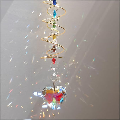 Big Heart Crystal Sun Catchers for Windows Hanging, Double-Spiral Design Gazing Ball Spiral Tail, Rainbow Maker Prism, Sun Catchers Indoor Window for Kitchen, Patio, Porch, Garden(AB-Golden)