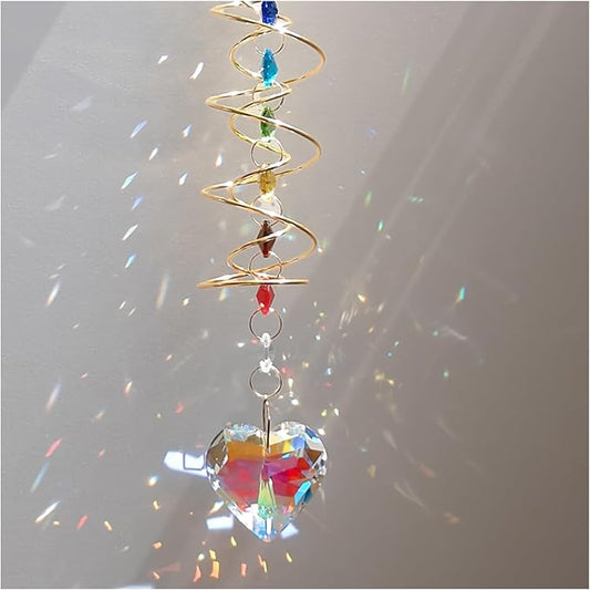 Big Heart Crystal Sun Catchers for Windows Hanging, Double-Spiral Design Gazing Ball Spiral Tail, Rainbow Maker Prism, Sun Catchers Indoor Window for Kitchen, Patio, Porch, Garden(AB-Golden)