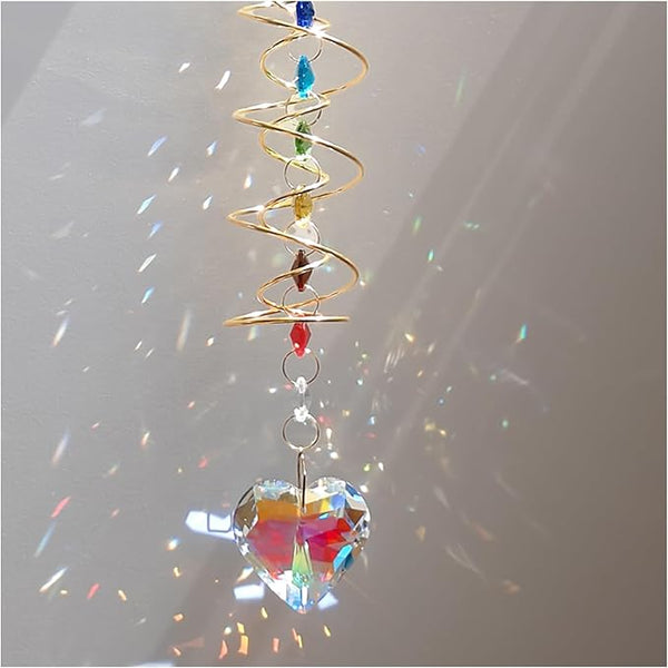 Big Heart Crystal Sun Catchers for Windows Hanging, Double-Spiral Design Gazing Ball Spiral Tail, Rainbow Maker Prism, Sun Catchers Indoor Window for Kitchen, Patio, Porch, Garden(AB-Golden)